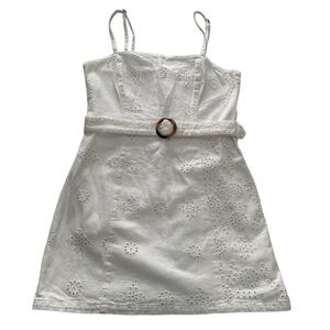 MP/D White Eyelet Denim Mini Dress Adjustable Straps Belt Cotton Size Medium LWD